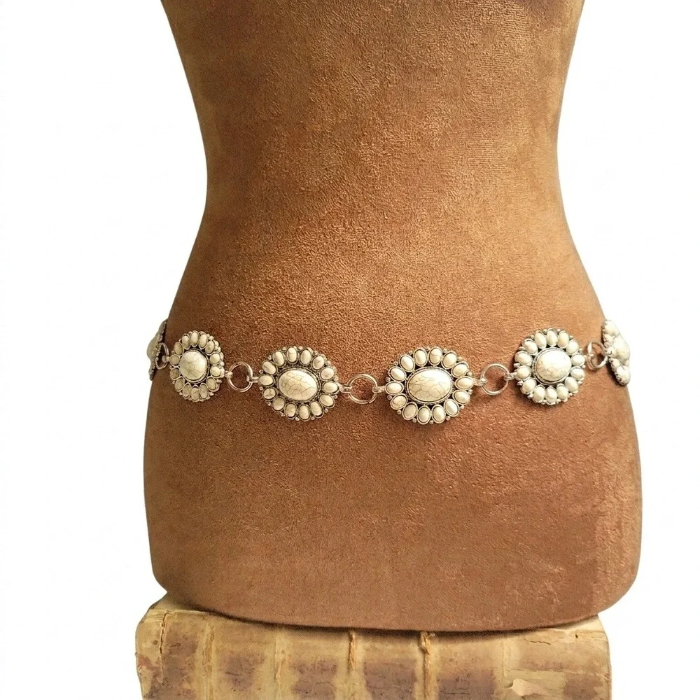 Silver White Faux Turquoise Concho Chain Belt Adjustable Size Western